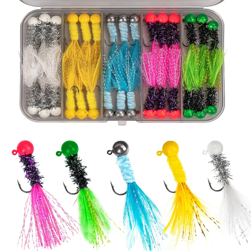 Fishing line thin support-THKFISH 30pcs Crappie Feather Jigs Marabou Jig Heads Kit