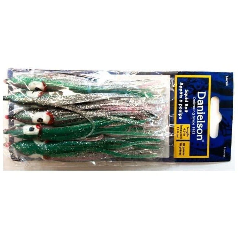 Fishing hook glow reach-Danielson Squid Bait 4.5" Glow/Silver Rainbow Qty 10