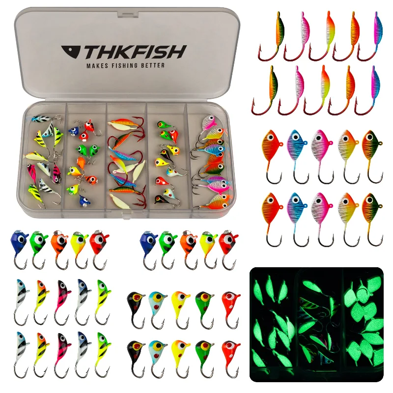 Fishing hook rust reach-THKFISH 50PCS Ice Fishing Lures Jigs Kit for Walleye Perch