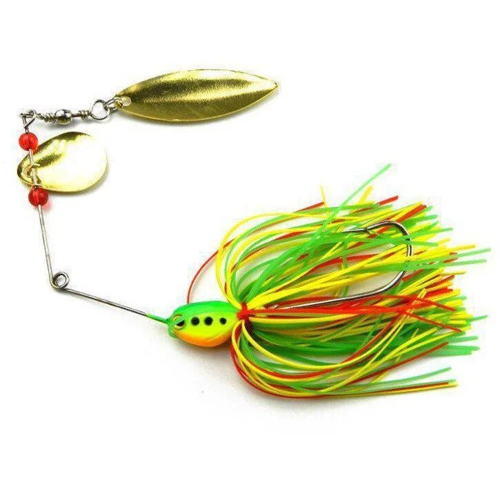 Fishing line smooth hold-FAS Tandem Blade Spinnerbait 1.8" 1/2 Oz Ylw/Grn/Rd Skirt Rainbow Head Qty 1