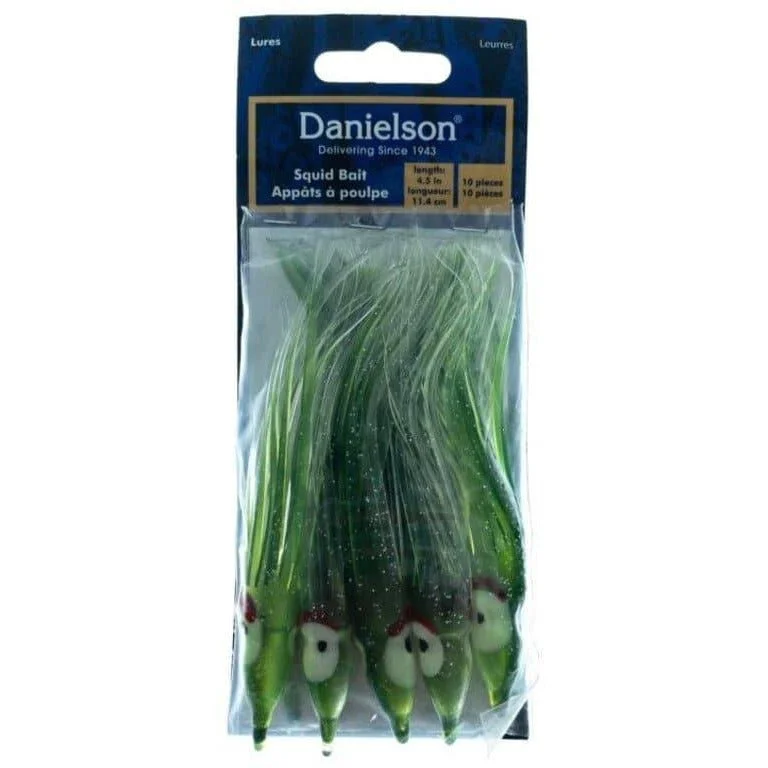 Fishing line cast hold-Danielson Squid Bait 4.5" Evergreen Clear/Silver Glow Qty 10