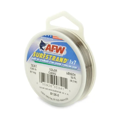 Fishing line cast reach-Surfstrand Bare 1X7 Stainless Steel Leader Wire 135Lb Test 027 in 069 Mm Dia Camo 30 Ft 92 M